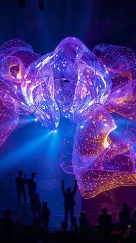 Waving ribbon sculpture pulsing neon lights over circular stage, crowd filming vertical video