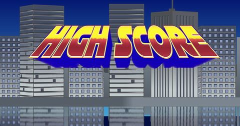 Retro High Score Sign with Urban Cityscape Background