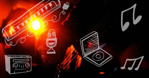Electric guitar strings glowing in warm stage light with hand-drawn music icons and bokeh