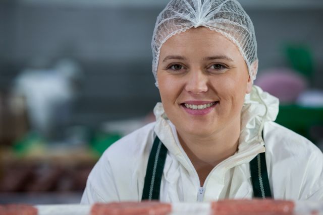 This image can be used for articles or advertisements related to the meat industry, food safety, and hygiene practices. It is also suitable for illustrating content about women in traditionally male-dominated professions, professional portraits, and workplace environments.