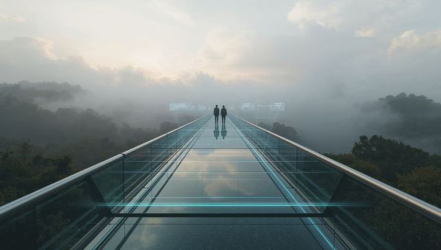 Walking into Mist on Futuristic Glass Skywalk Over Foggy Forest at Sunrise