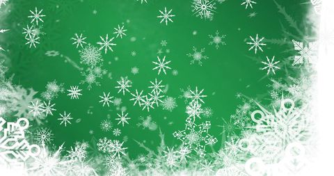 Festive Falling Snowflakes on Green Christmas Background