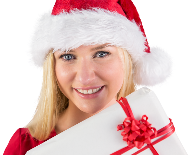 Smiling Woman in Santa Hat Holding Wrapped Gift with Transparent Background - Download Free Stock Videos Pikwizard.com