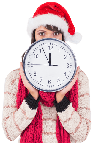 festive woman wearing santa hat holding large clock on transparent background - Download Free Stock Videos Pikwizard.com