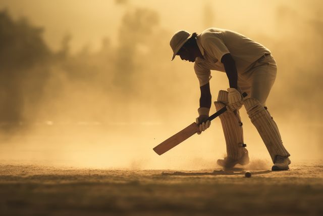 Biracial cricket player on cricket field, created using generative ai technology. Cricket, sport and competition concept digitally generated image.