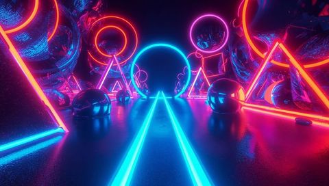 Glowing Neon Tunnel with Cyan Portal, Reflective Spheres, Geometric Rings and Triangles