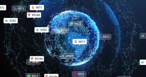 Futuristic digital sphere with floating notification icons in cyberspace