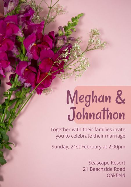 This thoughtfully designed wedding invitation template features vibrant flowers set against a soft pink background. Ideal for couples seeking an elegant and romantic way to announce their special day. Can be used for both digital and print invitations. Perfect for spring and summer weddings, ensuring a love-filled celebration.