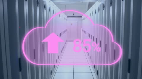 Neon Cloud Icon Indicating Data Upload Progress in Server Room
