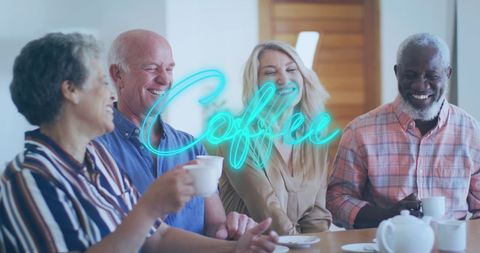 Diverse Seniors Enjoying Coffee Together with Digital Interface