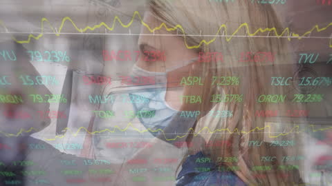 Woman Analyzing Stock Market Trends with Face Mask During Pandemic