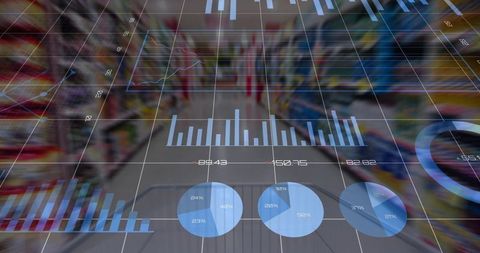 Augmented reality retail analytics overlaying grocery aisle with holographic charts