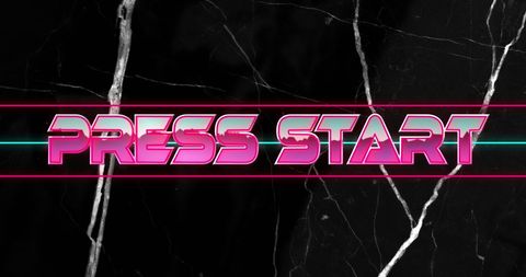 Retro pink neon press start text on marble background