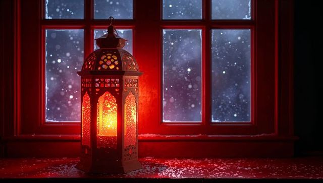 Glowing ornate lantern casting warm light on red windowsill with falling snow