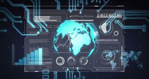 Holographic Global Data Dashboard HUD Visualizing Real-Time Analytics and Telemetry Interface