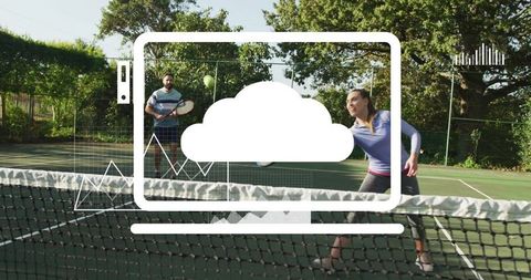 Couple playing tennis with technology overlay