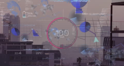 Futuristic Speedometer Data Overlay on Urban Skyline