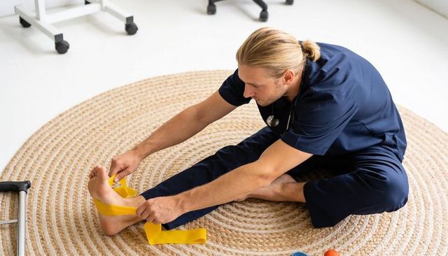 Clinician stretching ankle with resistance band on rug wearing navy scrubs and stethoscope