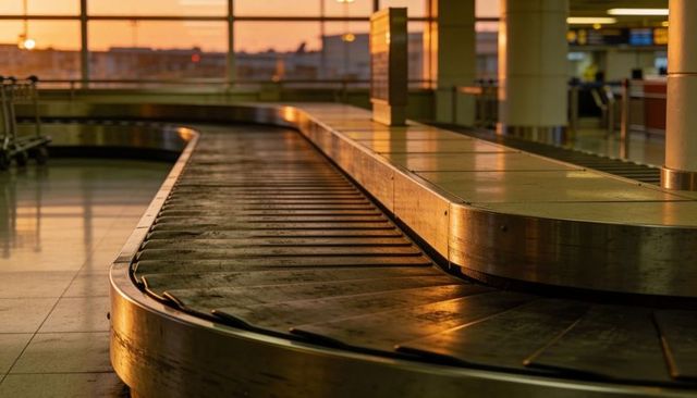 Curved Baggage Carousel Reflecting Sunset Light in Empty Airport Terminal