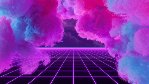 Vaporwave neon grid horizon with magenta and cyan vapor clouds, retro futuristic landscape