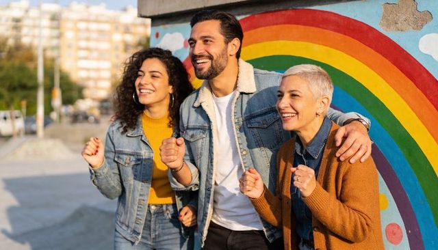 Smiling friends posing by rainbow mural wearing denim and mustard for urban lifestyle