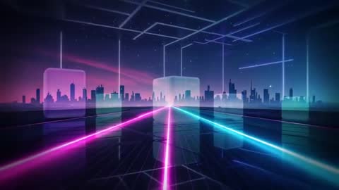 Futuristic Cyber City with Neon Lights and Translucent Cubes