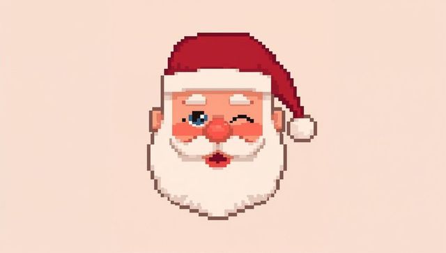 Winking pixel santa head wearing red hat retro 8-bit beard on pale peach