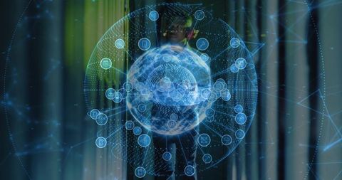 Business presenter showcasing holographic global network with interactive data nodes live