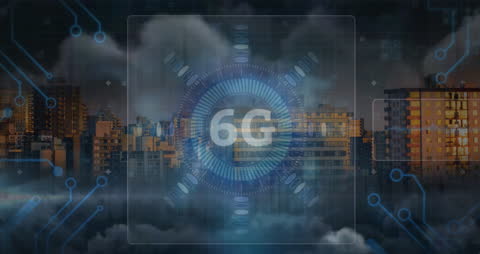 6G Communication Concept with Cityscape and Digital Interface