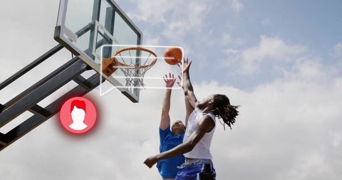 Dynamic Outdoor Basketball Scene with Competing Players and Icons