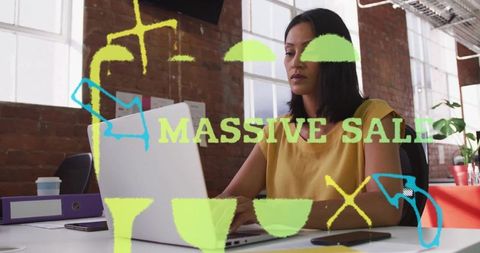 Focused woman typing laptop massive sale graphic office space