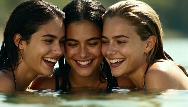 Three friends laughing and huddling in water close-up summer swim friendship bonding