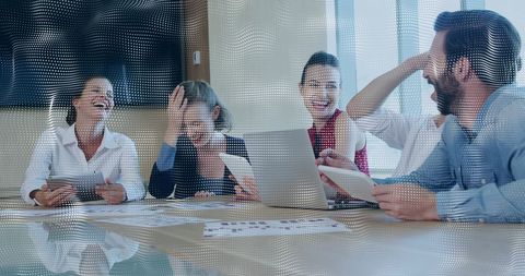 business team engaging in strategic meeting with digital data overlay - Download Free Stock Images Pikwizard.com