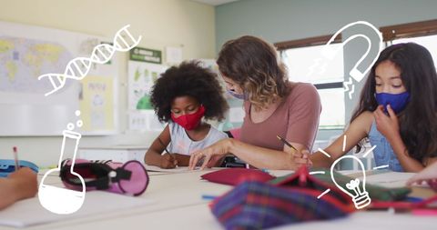 Teacher Assisting Diverse Students in Modern Classroom with Science Theme - Download Free Stock Images Pikwizard.com