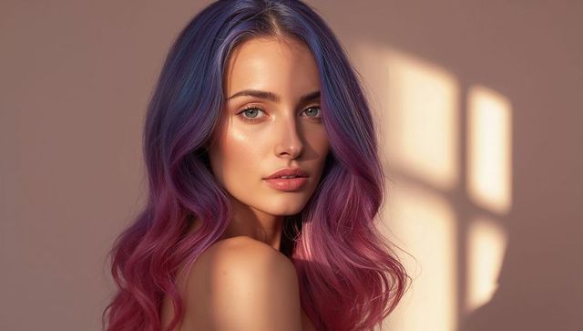Young woman with blue-magenta ombre hair glowing in warm window light dewy beauty portrait