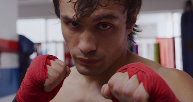 Determined Boxer Preparing for Training Session with Red Hand Wraps - Download Free Stock Images Pikwizard.com