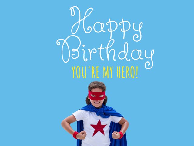 Ideal for birthday greeting cards for children, this image features a child dressed in a superhero costume exuding joy and confidence. Can be used in birthday invitations, party decorations, social media posts, or other celebratory material aimed at young audiences. The vibrant colors and cheerful message make it perfect for any child’s birthday celebration.