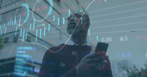 Businessman Analyzing Financial Trends with Smartphone Among Urban Skyline