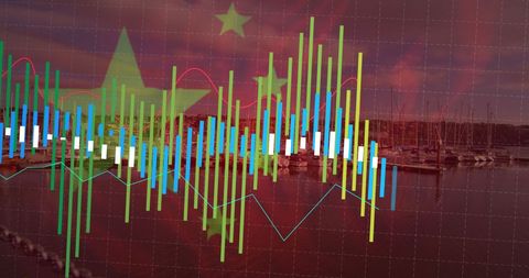 Financial Data Analysis with Chinese Flag Over Harbor