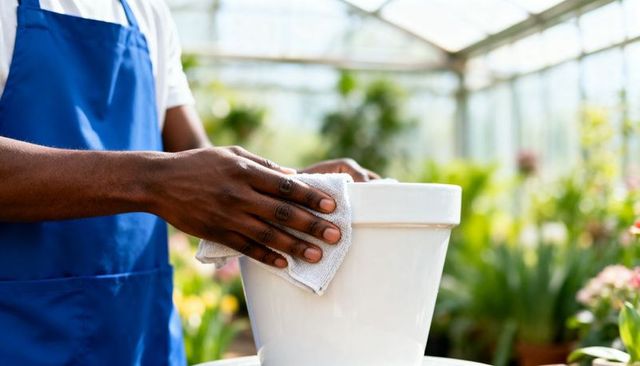 Greenhouse gardener wiping white ceramic planter with cloth, blue apron, hands cleaning pot