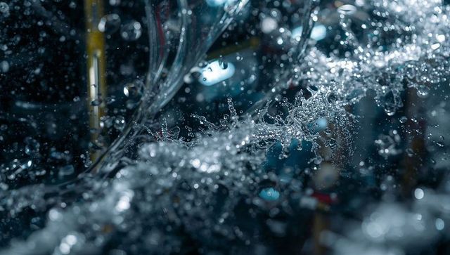 High-speed macro water splash with sharp droplets, arcing spray and cinematic bokeh