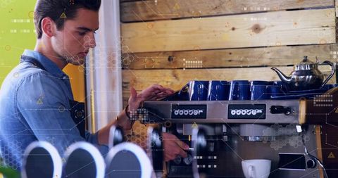 Barista pulling espresso shot with portafilter at rustic coffee machine surrounded by blue cups