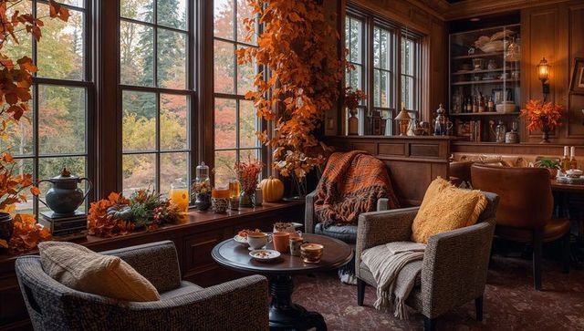 Warm autumn rustic lounge with cozy decorations