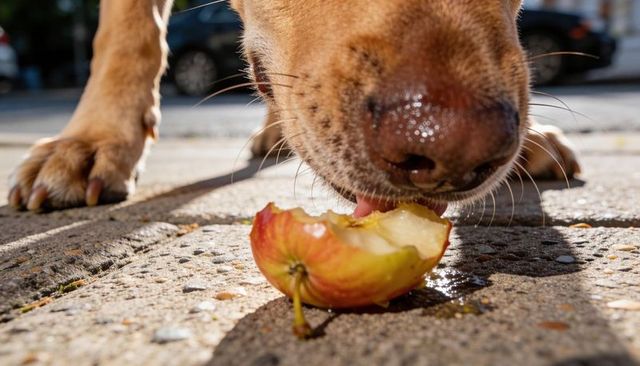 Curious dog sniffing and licking half-eaten apple on sunlit urban sidewalk close-up detail