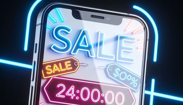 Neon mobile sale countdown showing 24:00:00 timer, tag discounts and futuristic glow