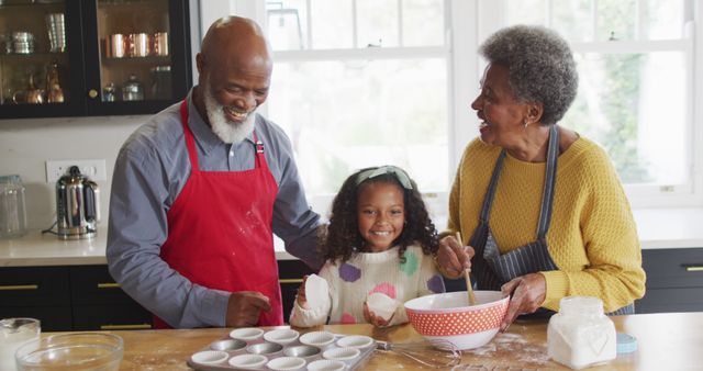 Grandparents Baking with Young Granddaughter in Bright Kitchen - Download Free Stock Images Pikwizard.com