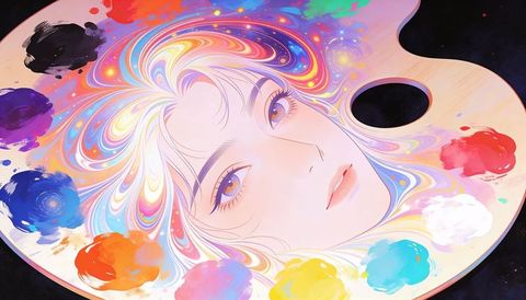 Surreal palette portrait blending cosmic rainbow hair, dreamy female face and paint dabs