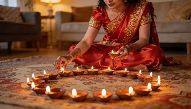 Indian woman lighting clay diyas in red sari for diwali celebration and home ritual