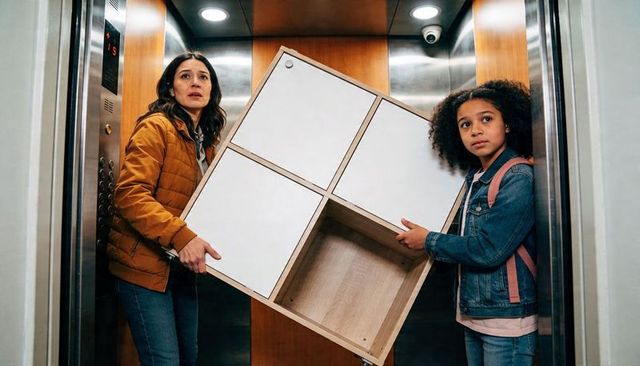 Woman and girl lifting cubby shelf in tight elevator during moving day, tense moment