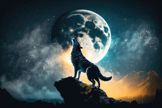 Portrait of howling wolf over full moon, created using generative ai technology. Wildlife, wild animal and nature concept digitally generated image.